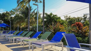 Una hilera de sillas de sol con cojines azules y verdes, dispuestas en un patio empedrado con palmeras y plantas tropicales al fondo.