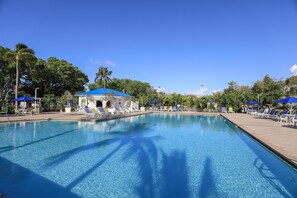 A clear swimming pool with lounge chairs and umbrellas, surrounded by palm trees and a clear blue sky. - Hideaway in Key Largo 2BR Condo - Ocean View, Pool (Tavernier)