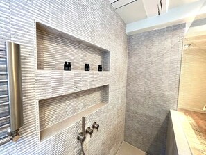 Shower, hair dryer, towels, soap