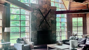 Smart TV, fireplace, books