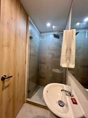 Shower, hair dryer, towels, soap
