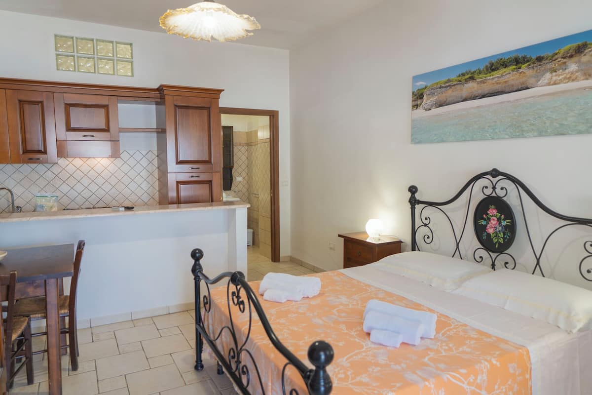 Un dormitorio con cama, mesita de noche con lámpara, una silla, una pequeña mesa y una zona de cocina con armarios y encimera.