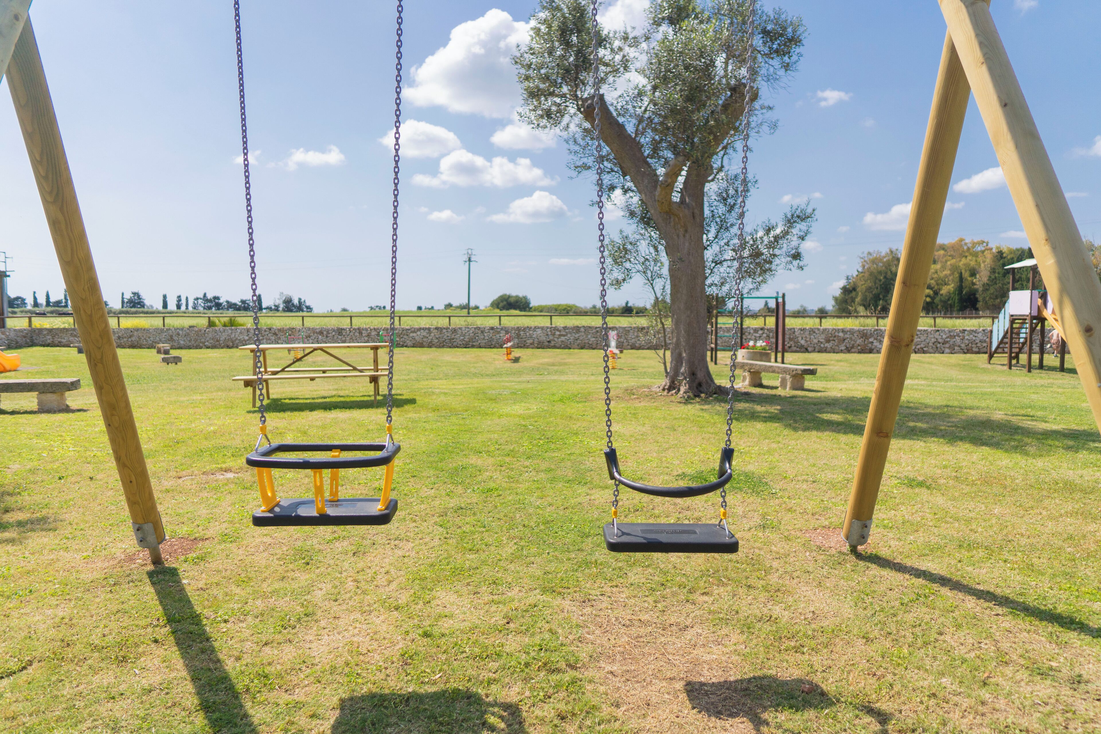 A park with swings, picnic tables, and a large tree.