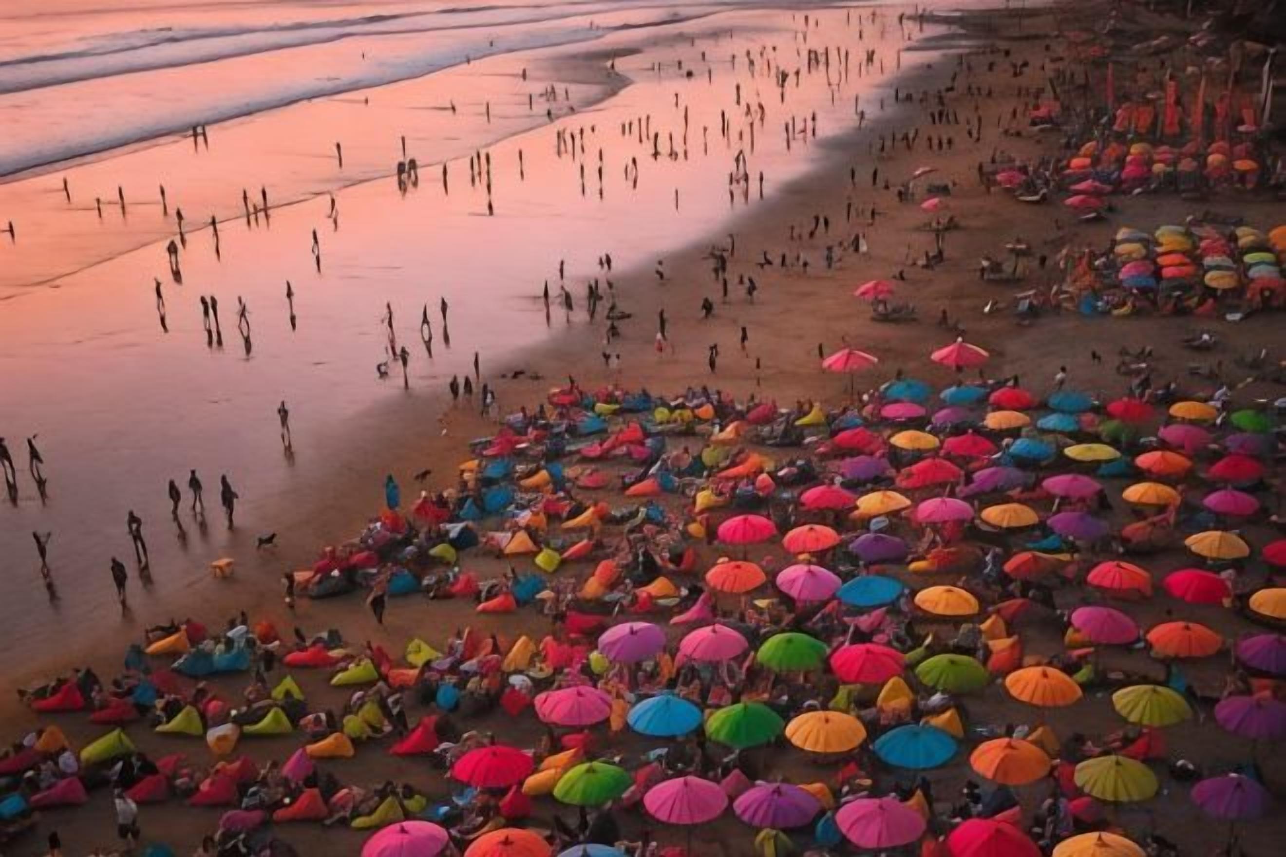 Een strand met mensen en kleurrijke parasols.