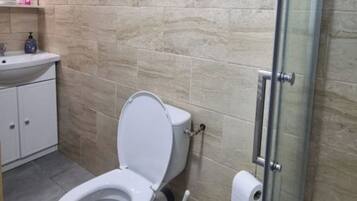 Ducha, secador de pelo, jabón y papel higiénico