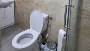 Moderni kylpyhuone, jossa on wc, pesuallas ja suihku.