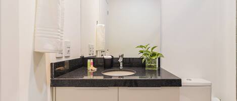 A bathroom with a black countertop, a sink, a mirror, a toilet, and a small plant in a glass container.