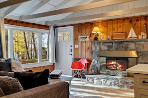 Smart TV, fireplace, books