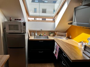 Fridge, microwave, oven, coffee/tea maker