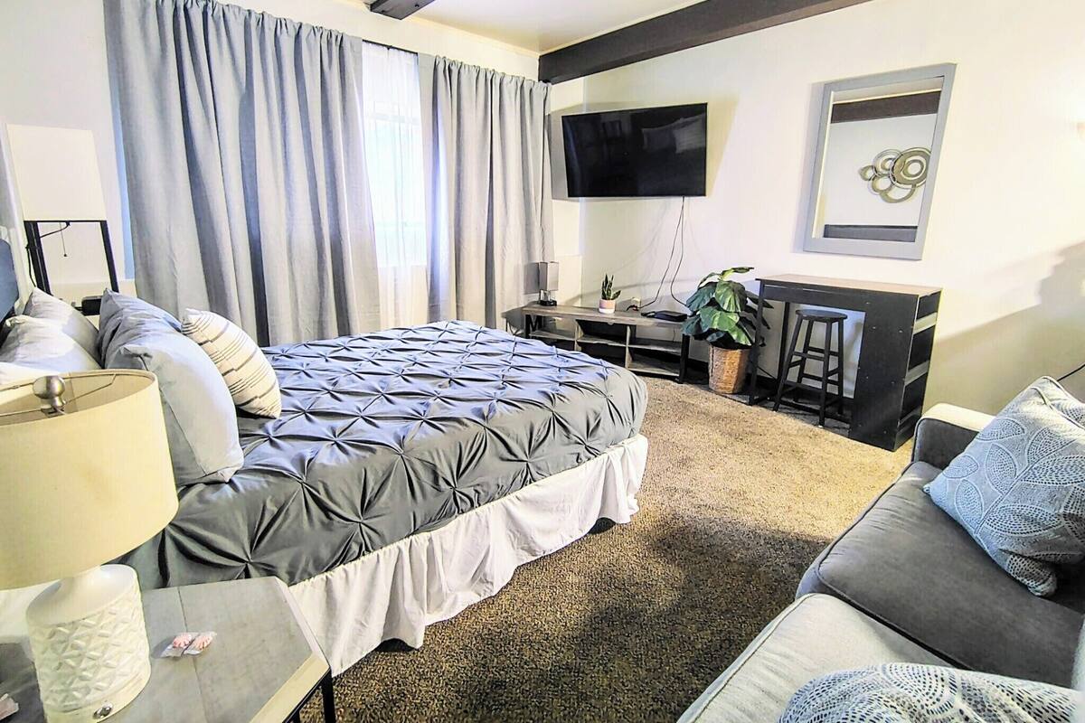 A modern bedroom with a large bed, a desk, a TV, and a sofa.