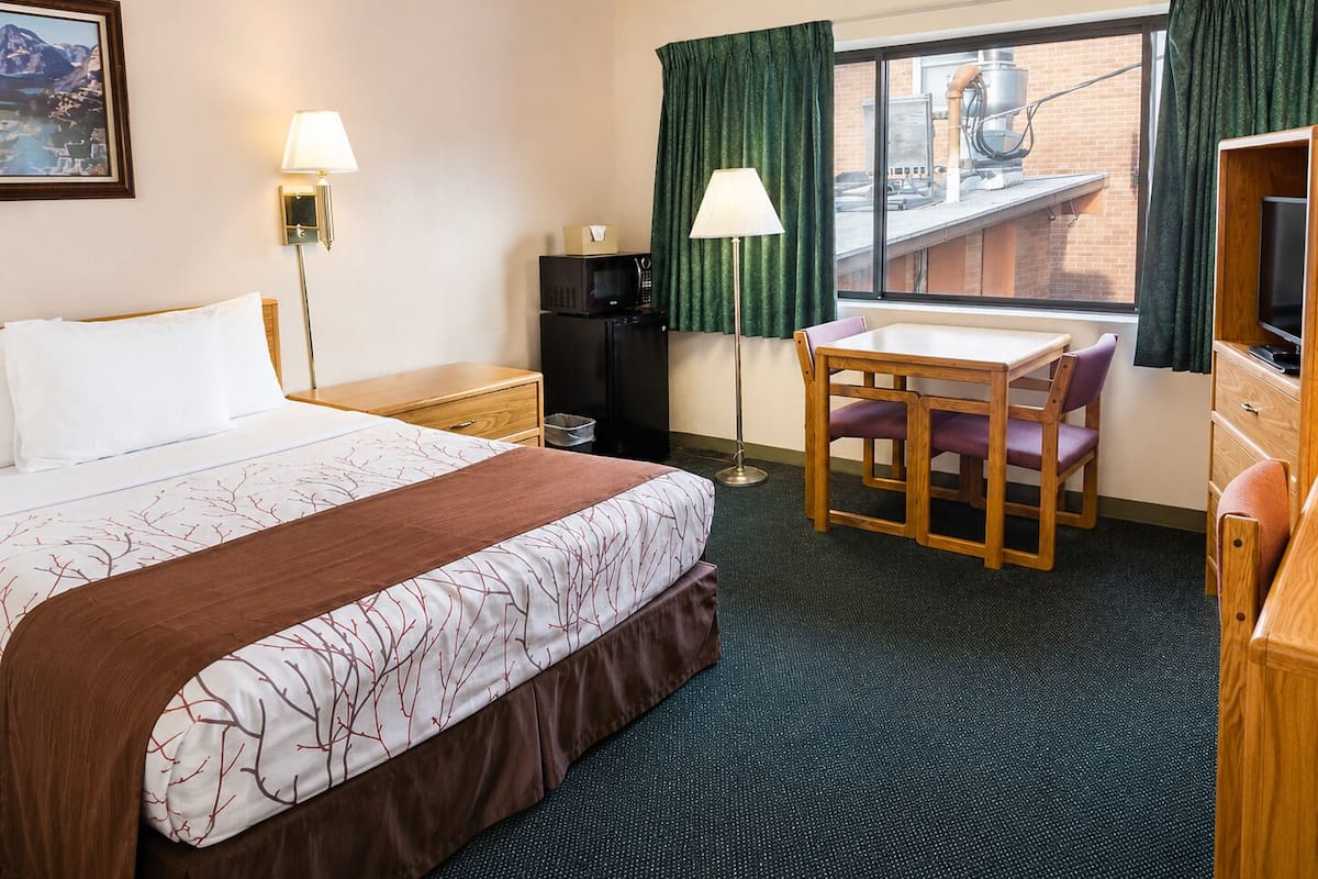 A hotel room with a bed, a desk, a chair, a television, a microwave, and a window with curtains.