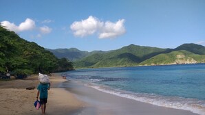 Una playa con una persona cargando un saco grande, una orilla arenosa y colinas verdes al fondo.