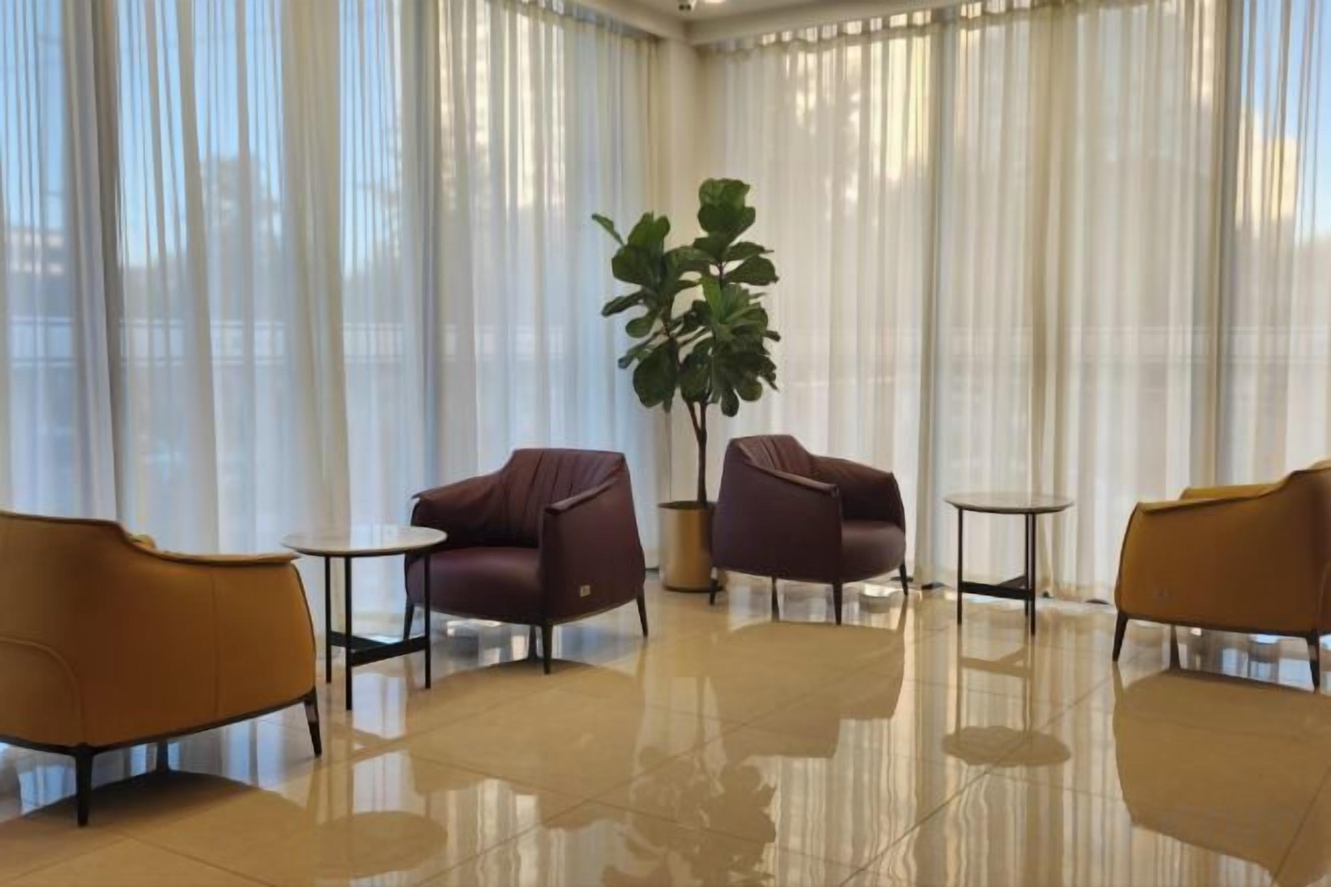 A room with a large window, a potted plant, and four chairs arranged around a small table.