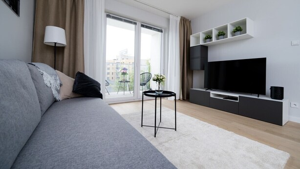 Un soggiorno moderno con un divano grigio, un mobile TV nero e un tavolino con un vaso.