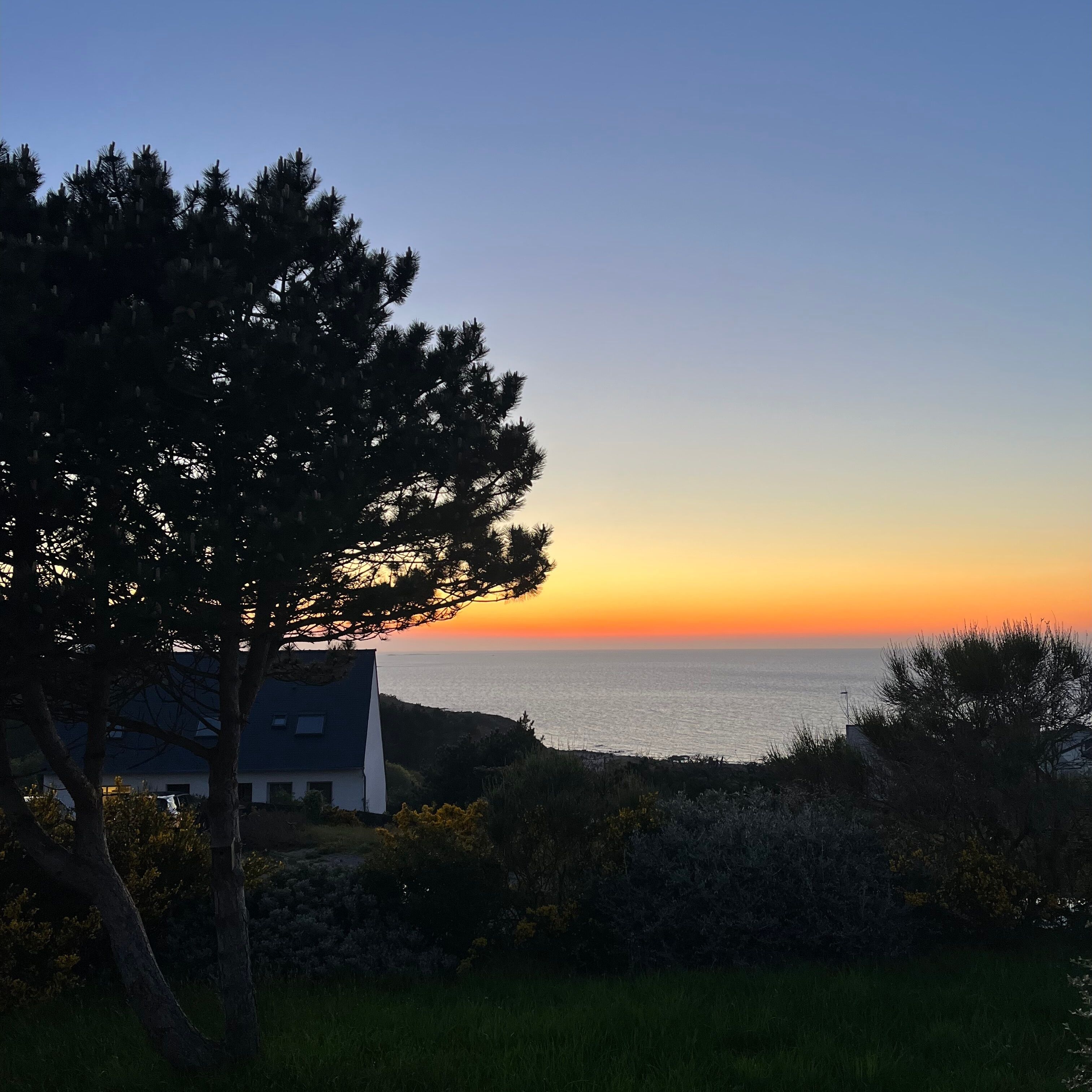 A coastal landscape with a house, trees, and a sunset over the sea.