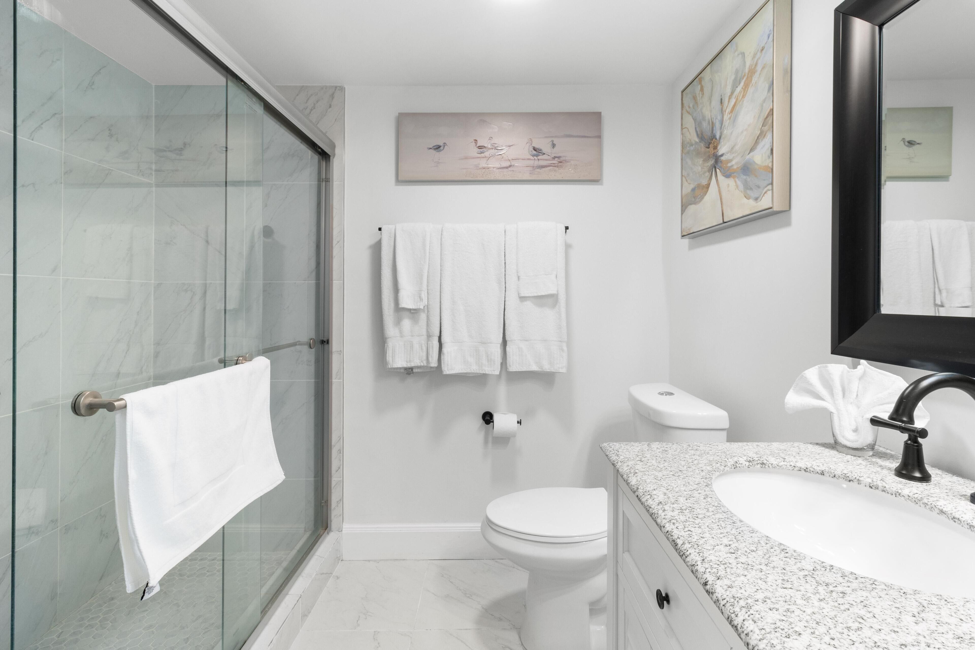 Une salle de bain moderne avec une douche à parois de verre, des toilettes blanches et un lavabo sur un plan de travail en granit.