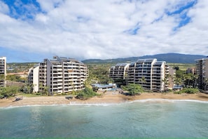 On the beach, sun loungers, beach towels