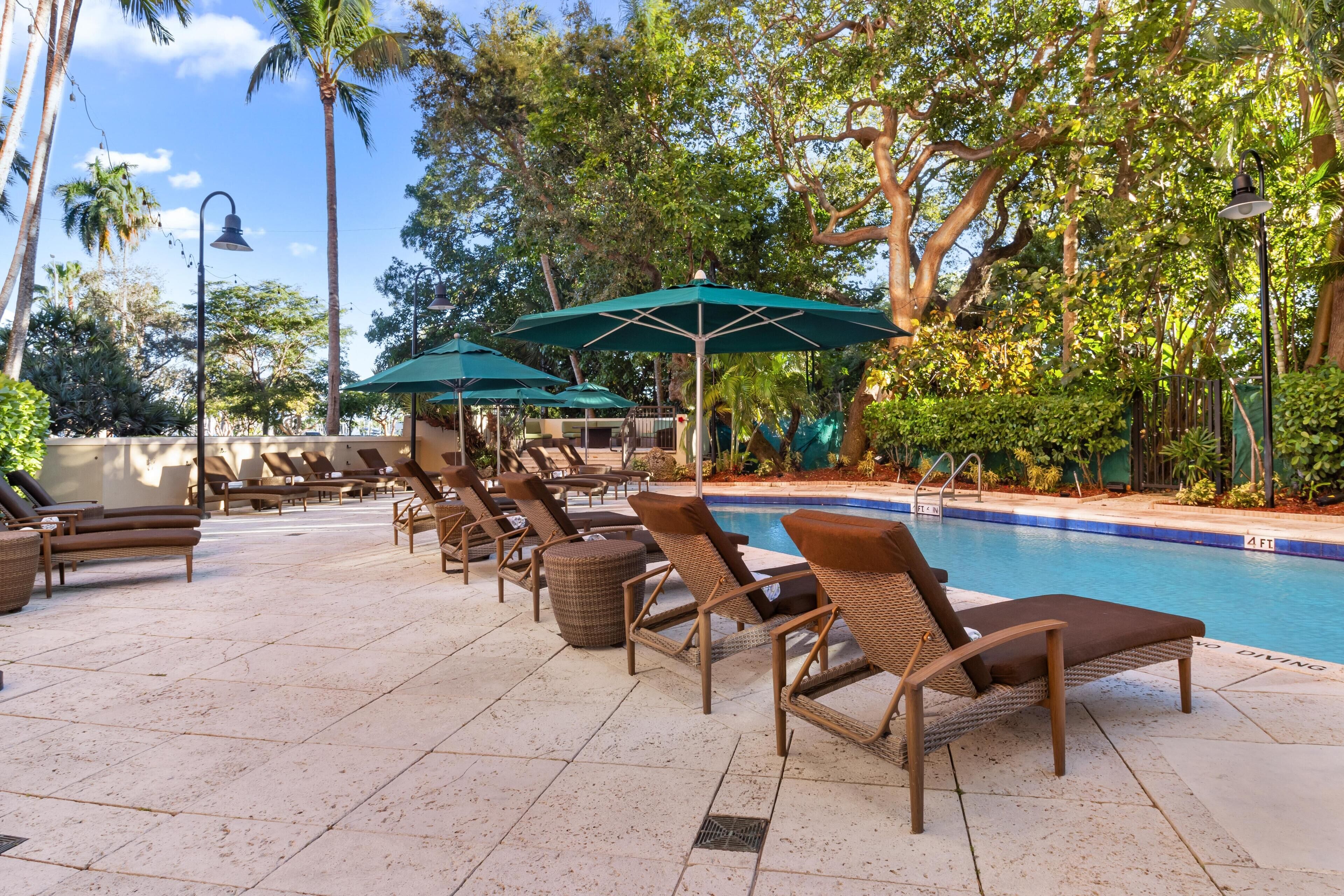 A poolside area with lounge chairs and umbrellas, surrounded by trees and a clear sky.