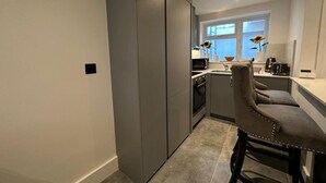 A modern kitchen with grey cabinets, a built-in oven, and a window with flowers. - House - Sleeps 4 & Free Parking (London)