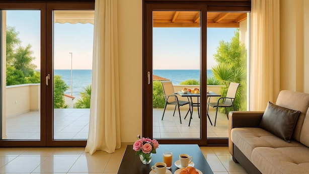 A room with a sofa, a coffee table with pastries, and a view of the sea through large sliding doors.