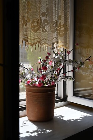 A terracotta pot with a flowering plant on a windowsill. - Kalavrita Winter Retreat - Homely Spacious Chalet (Kalavrita)