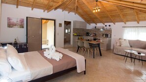 A spacious room with a high wooden ceiling, a bed with white linens, a dining area with chairs, and a kitchen in the background. - Selinitsa Stone Studio - Mani Seaview Retreat (West Mani)