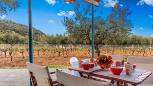 An outdoor seating area with a table set for two, overlooking a vineyard. - Sunny Summer Retreat - Perfect Location BBQ (Pylos-Nestoras)