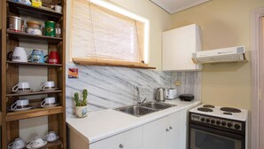 A compact kitchen with a built-in stove, a sink, and a wooden shelf unit with various kitchen items. - Kalamata s Handmade Apartment (Kalamata)