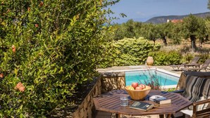 Zona piscina con tavolo, sedie e vista sulla vasca.