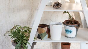 A white ladder with three shelves holding various potted plants. - Mear Luxury Suite - The Ultimate Summer Nest (Kantanos-Selino)