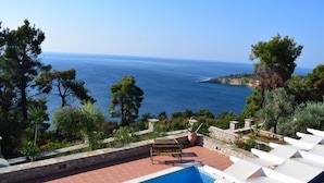 Une piscine avec vue sur la mer, entourée d’arbres et bordée d’un mur de pierre.