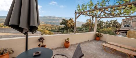 A terrace with a table, chairs, and an umbrella. There are potted plants and a pergola with vines.