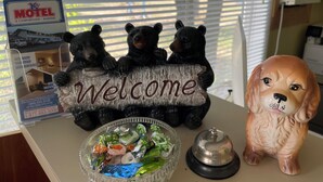 A reception desk with a 'Welcome' sign held by bear figurines, a glass bowl with snacks, and a dog figurine. - Y5 Motel  (Barrière)