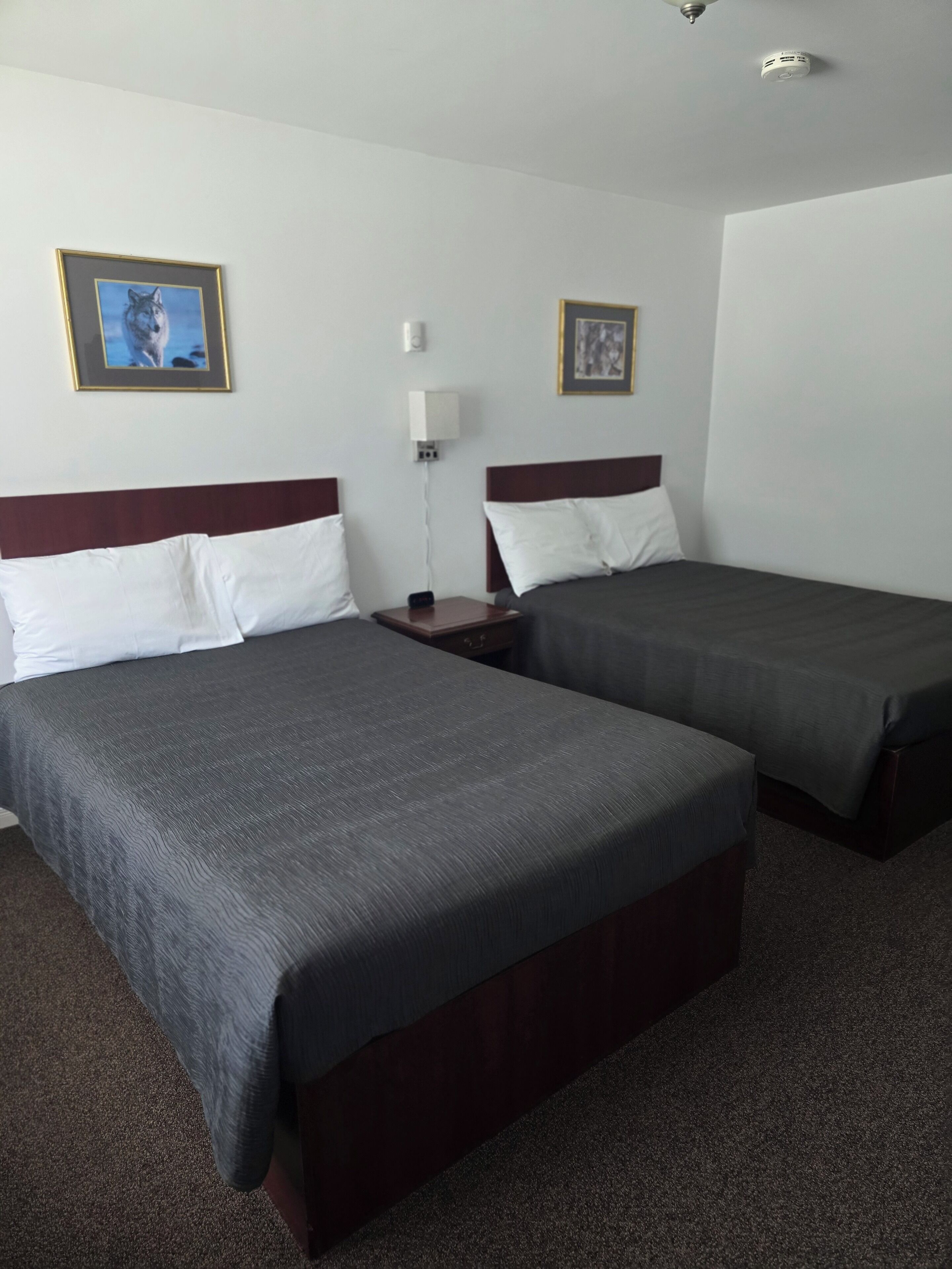 A hotel room with two single beds, a nightstand with a lamp, and two framed pictures on the wall.