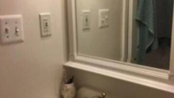 A bathroom with a sink, a mirror, and a towel rack.