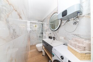 Shower, hair dryer, towels