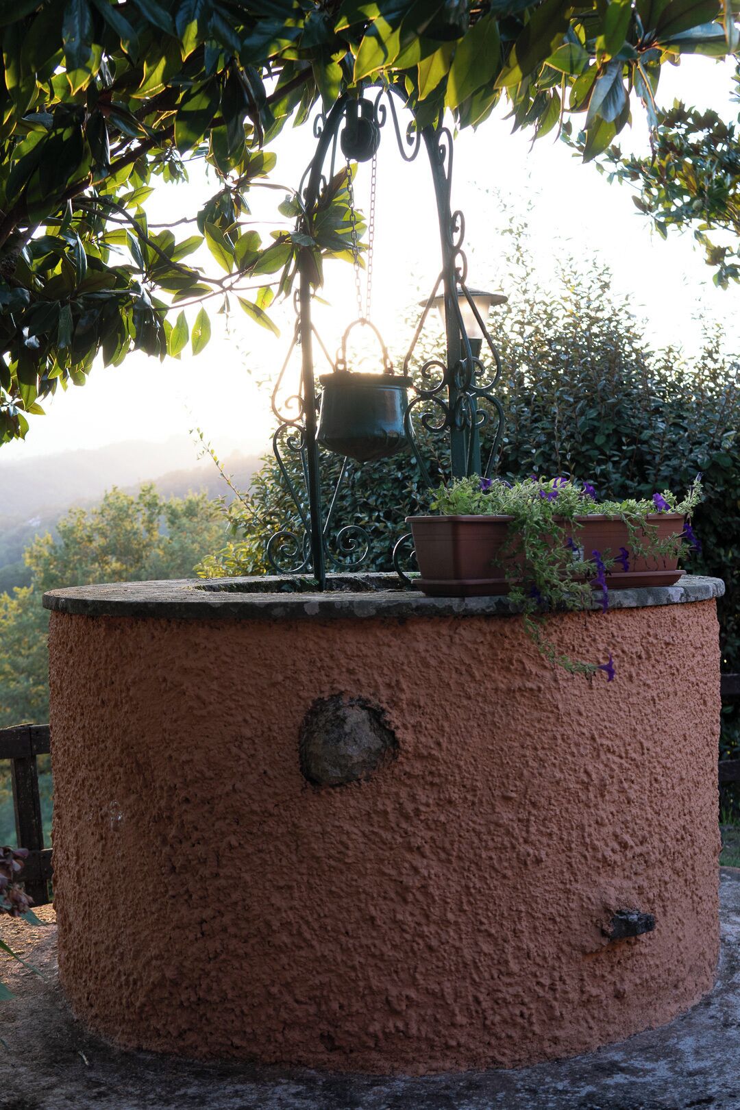 A rustic outdoor water feature with a hanging pot and potted plants, set against a backdrop of greenery and hills.