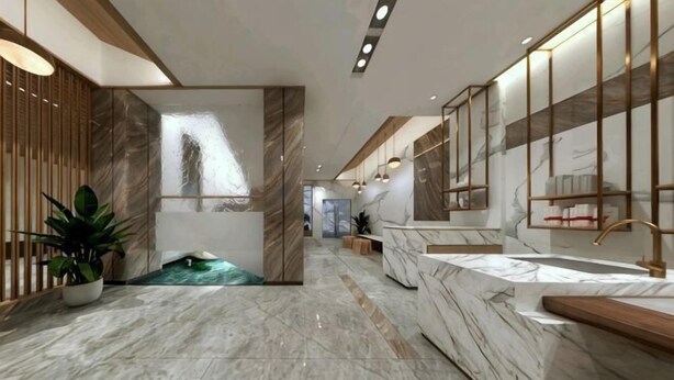 Un bagno moderno con pavimento in marmo, un ampio specchio e un lavabo con piano in legno.