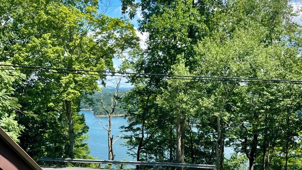 A wooden deck with a view of a lake and trees.