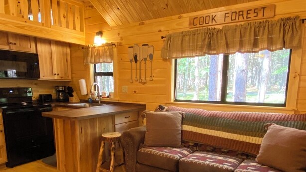A cozy cabin interior with a wooden ceiling, a kitchenette, a sofa with a striped blanket, and a window with a view of trees. - Happy Bear Log Cabin near Cook Forest State Park (Leeper)