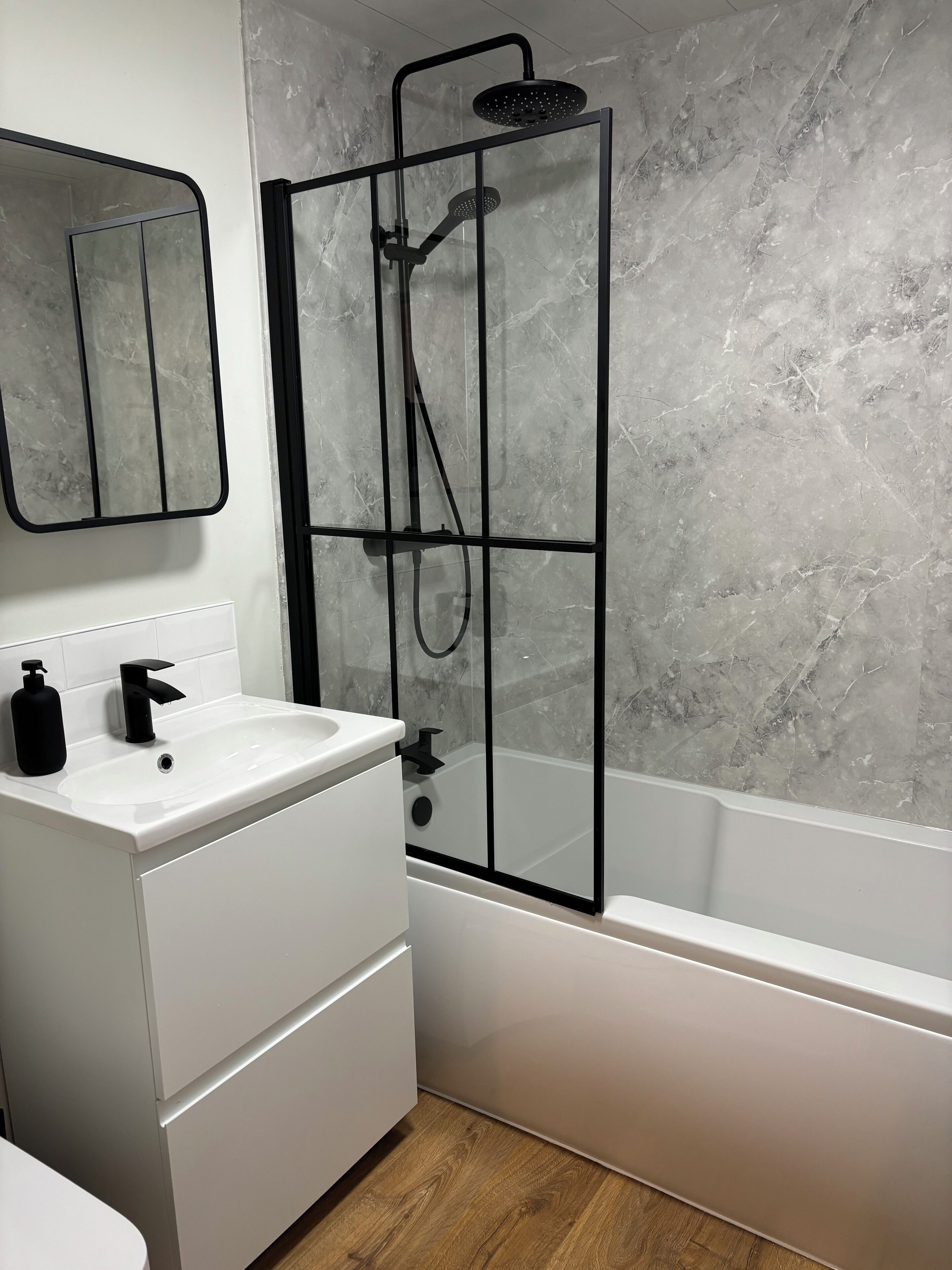 Hair dryer, towels, soap, shampoo