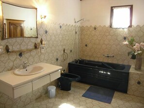Regadera, bidet, toallas, papel de baño