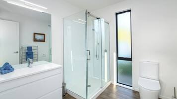 A modern bathroom with a glass shower enclosure, a white vanity, and a large mirror.