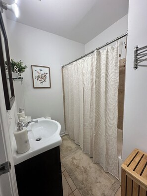 Hair dryer, bidet, towels, soap