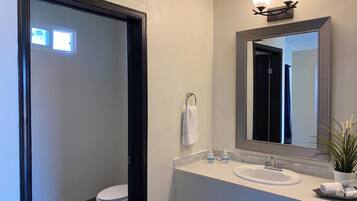 Un baño moderno con un inodoro blanco, un lavamanos con espejo y una planta en maceta sobre la encimera.