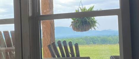 Vista desde una ventana con una planta colgante, una silla de madera y un paisaje con césped y montañas al fondo.