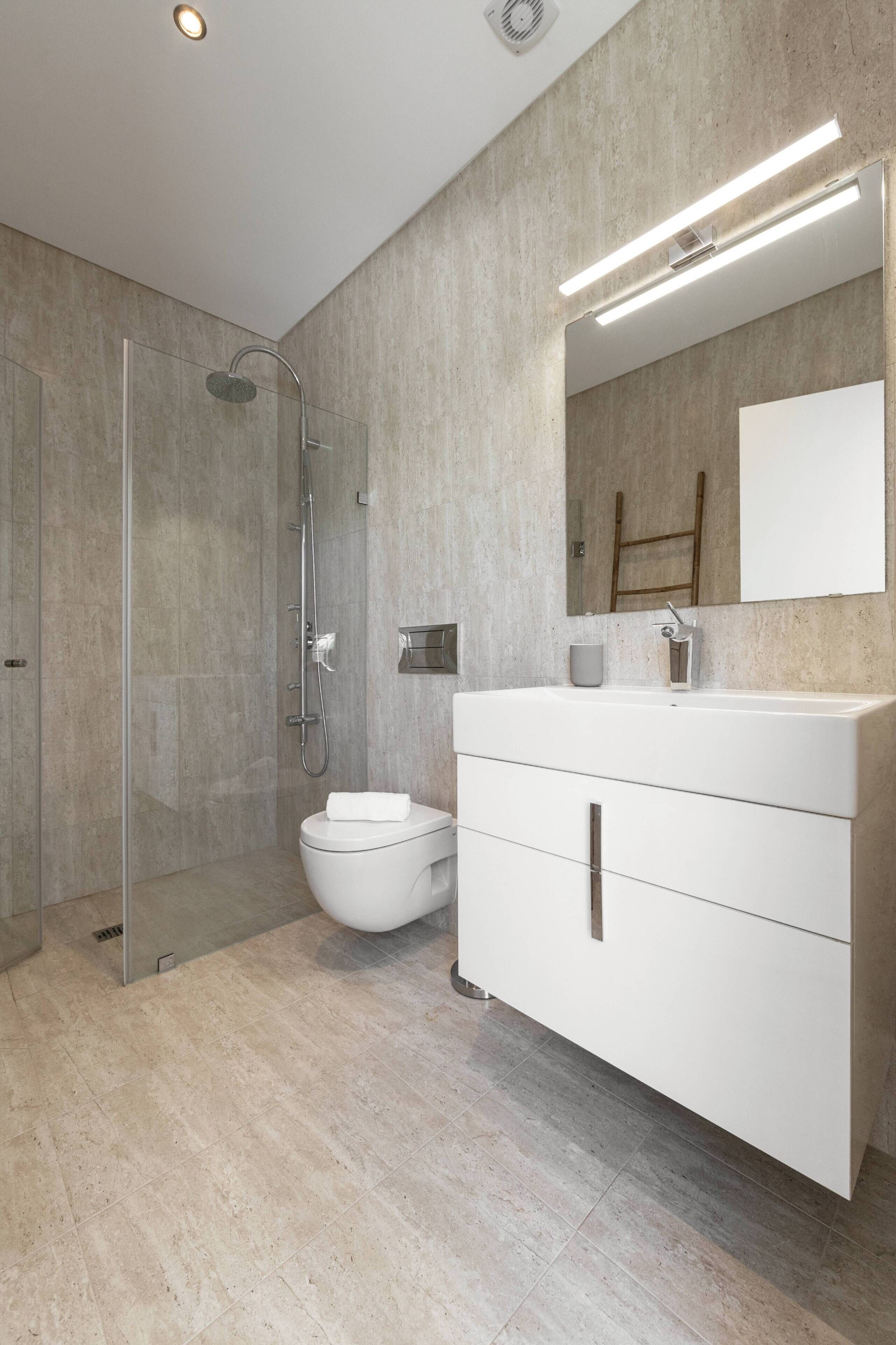 Et moderne badeværelse med en brusekabine i glas, et hvidt toilet og en stor vaskebord med spejl.