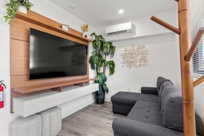 Un soggiorno moderno con una TV a schermo piatto montata su una mensola in legno, un divano grigio, una pianta verde in vaso grande e un condizionatore d'aria.