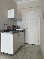 Habitación estándar con 2 camas individuales, balcón | Cocina privada | Frigorífico pequeño, placa de cocina y utensilios de cocina