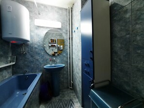 Hair dryer, towels, soap, shampoo